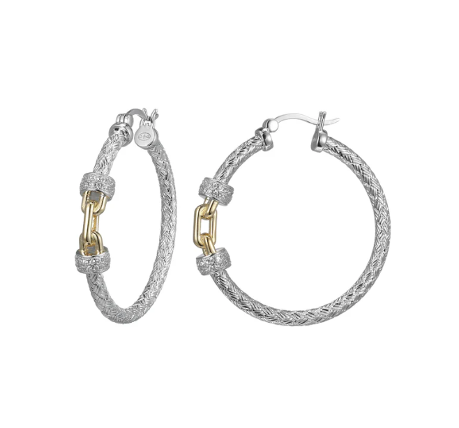 Rhodium Plated Mesh Hoops w/ Gold Plated Links & CZs (SI8130)