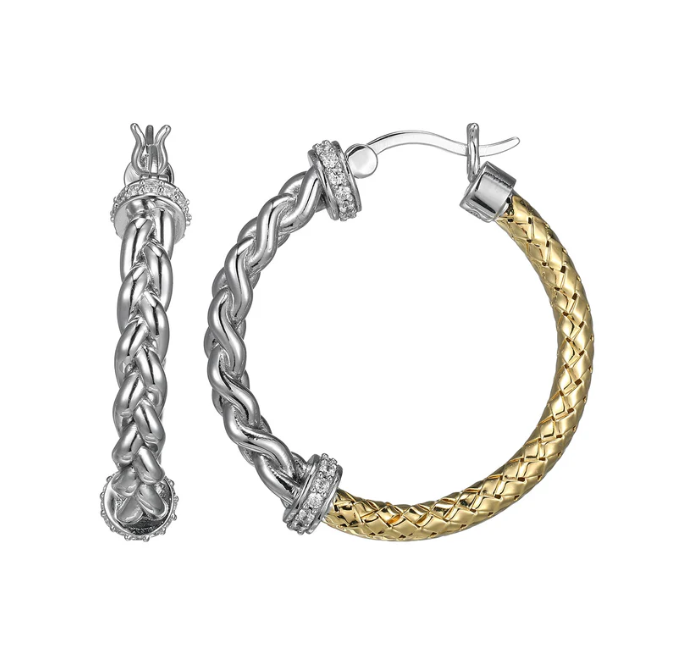 Rhodium Plated & Gold Plated Sterling Silver Two Tone Mesh & Chain Hoop Earrings