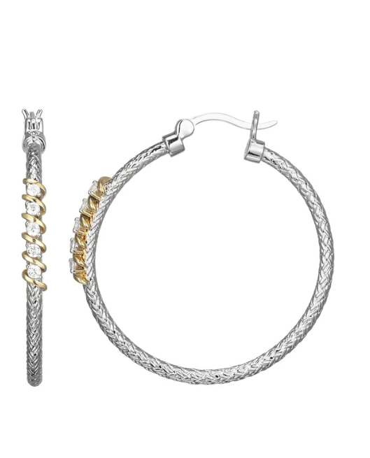 Rhodium Plated Mesh Hoops w/ Gold Plated Swirls & CZs (SI8126)
