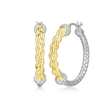 Load image into Gallery viewer, Rhodium Plated &amp; Gold Plated Sterling Silver Two Tone Mesh &amp; Chain Hoop Earrings
