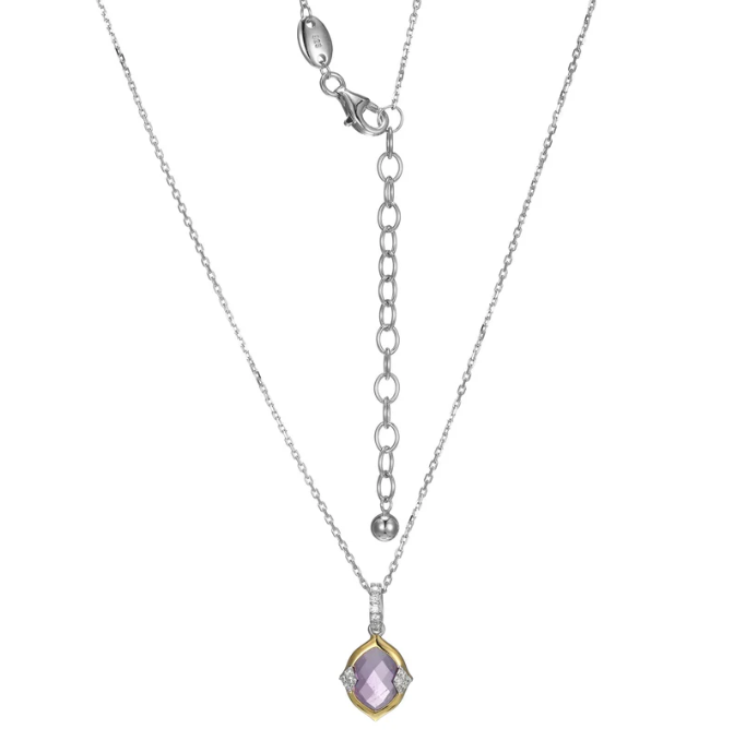 Rhodium Plated Sterling Silver & Gold Plated Genuine Amethyst & CZ Drop Necklace (SI8124)