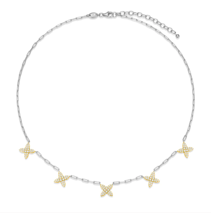 Rhodium Plated & Gold Plated Sterling Silver Two Tone CZ Flora Station Necklace