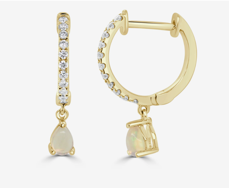 14k Yellow Gold Pave Diamond Hoop & Opal Pear Shaped Dangle Earrings (I9098)