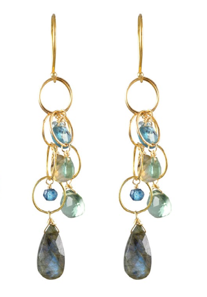 AVF Gold Labradorite, Kyanite, Quartz & Moss Aqua Circle Chain Earrings (SI6803)