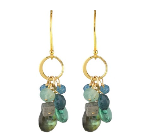 AVF Gold Hammered Circle Link Labradorite, Blue Topaz, Grandidierite & Quartz Earrings (SI6761)