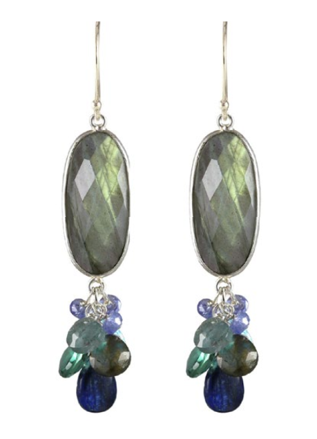 AVF Silver Oval Bezel Labradorite with Kyanite, Quartz, Blue Topaz, Moss Aqua & Tanzanite Earrings (SI6742)