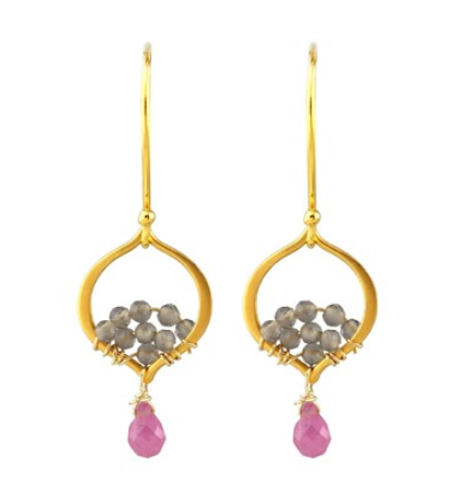 AVF Gold Petite Arabesque Pink Sapphire & Gray Moonstone Dangle Earrings (SI6727)