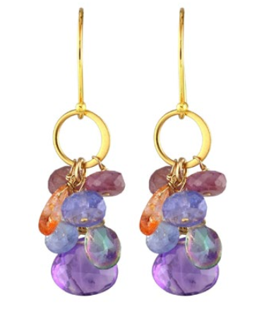 AVF Gold Hammered Circle Link Amethyst, Sunstone Topaz, Sapphire & Tanzanite Earrings (SI6720)