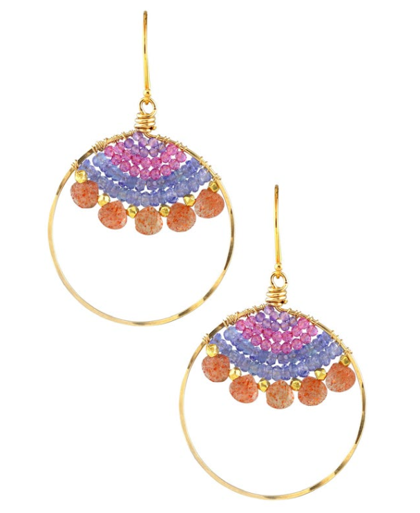 AVF Gold Sunstone, Tanzanite, Pink Quartz & Amethyst Front Facing Hoop Earrings (SI6730)