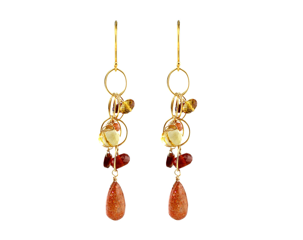 AVF Gold Garnet, Sunstone, & Citrine Circle Link Long Dangle Earrings (SI6961)