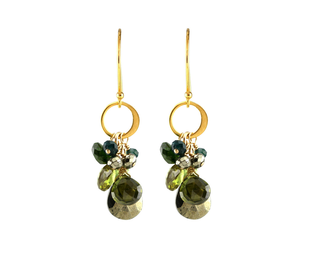 AVF Gold Pyrite, Zircon, Apatite, Chrome Diopside & Grandidierite Flat Link Cluster Earrings (SI6980)