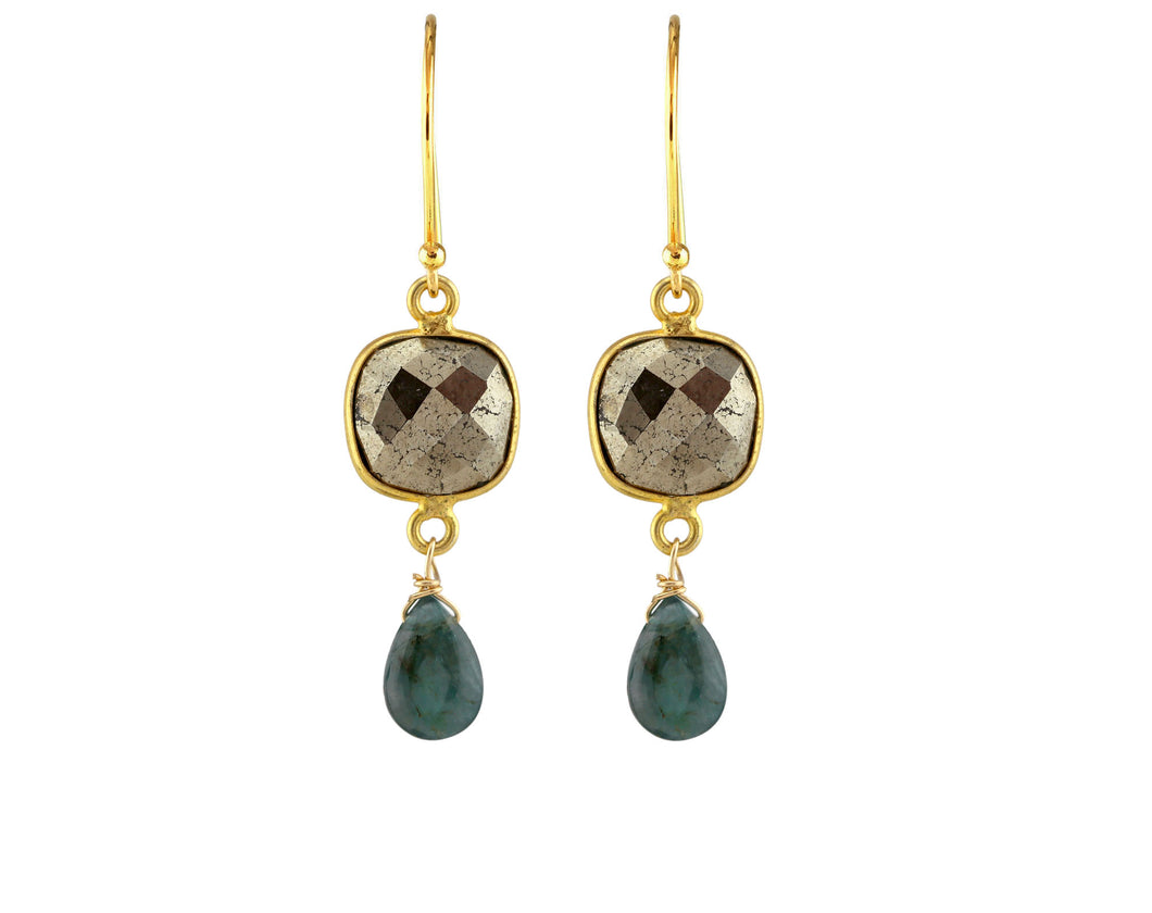 AVF Gold Square Bezel Faceted Pyrite & Grandidierite Drop Earrings (SI6998)