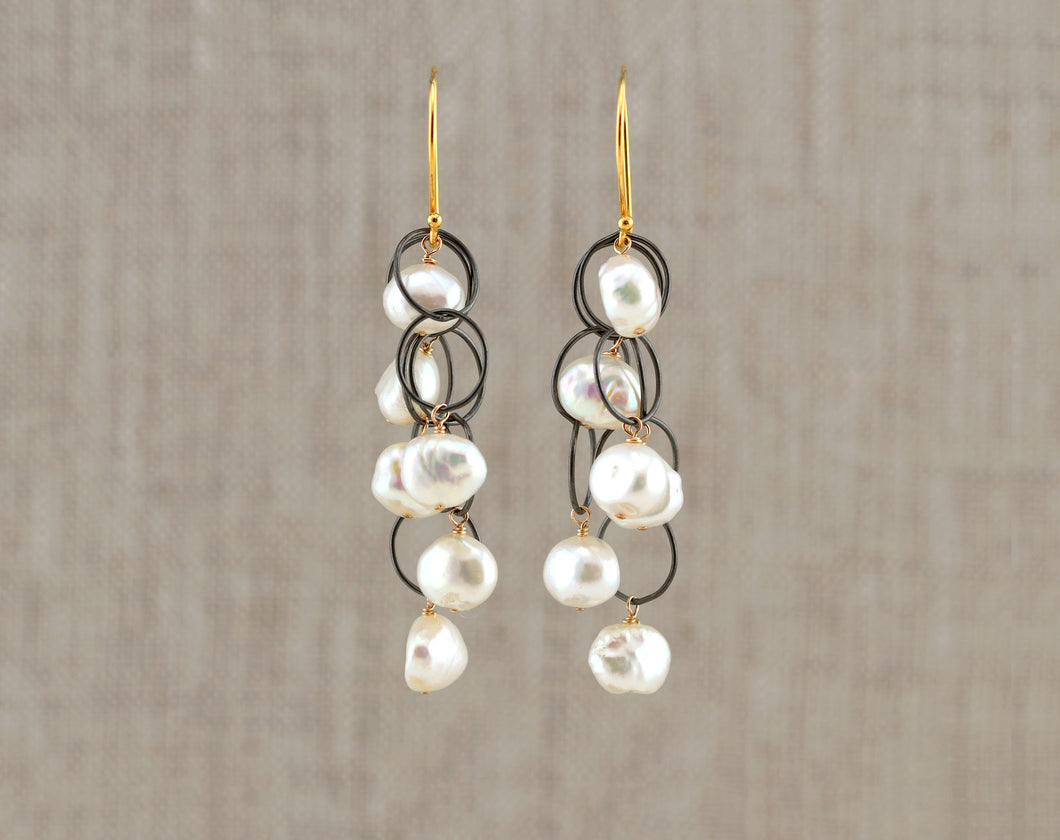 AVF Gold & Oxidized Sterling Silver Multi Pearl & Circle Chain Dangle Earrings (SI7003)