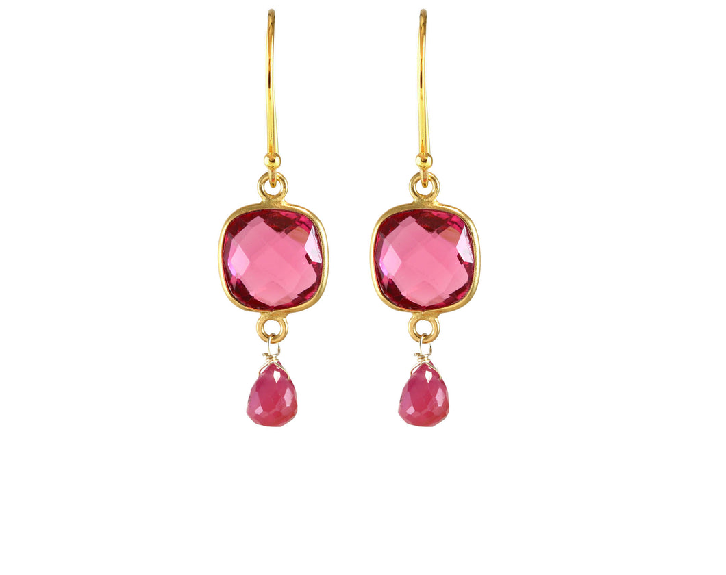 AVF Gold Bezel Rubellite Quartz & Ruby Earrings (SI7962)