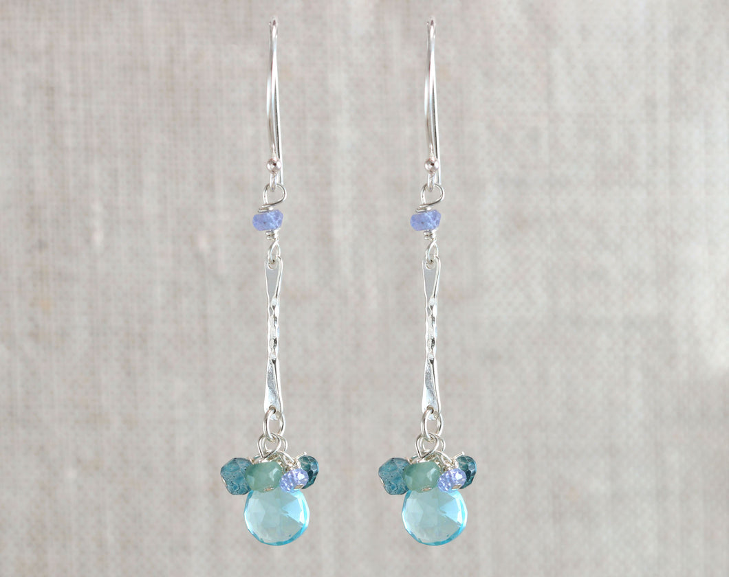 AVF Silver Bar Swiss Blue Quartz, Tanzanite & Grandidierite Dangle Earrings (SI7999)