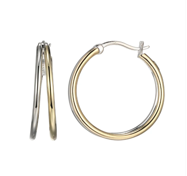ELLE Two Tone Rhodium Plated Sterling Silver Double Hoop Earrings (SI8422)