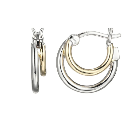 ELLE Two Tone Rhodium Plated Sterling Silver Double Hoop Earrings (SI8464)