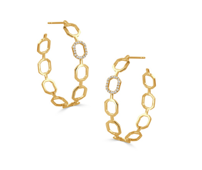 18k Yellow Gold Satin Finish Diamond Accent Octagon Link Hoop Earrings (I9803)