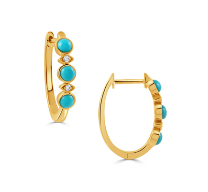 18k Yellow Gold Bezel Turquoise & Marquise Pod Diamond Hoop Earrings (I9014)