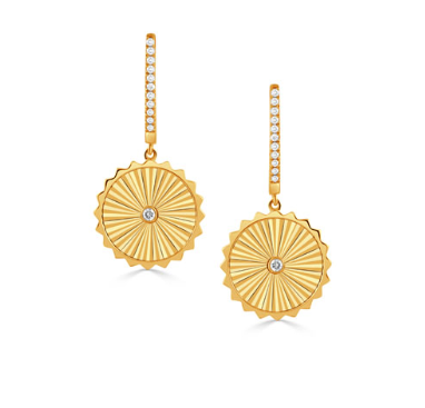 18k Yellow Gold Carved Helios Diamond Earrings (I7480)