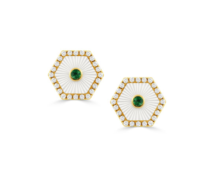 18k Yellow Gold Diamond Edged Stud Earrings w/ Carved White Mother of Pearl & Tsavorite Center Stone (I9570)