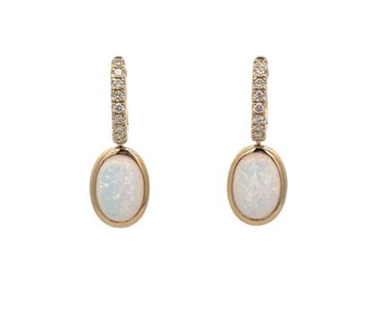 14k Yellow Gold Oval Opal & Diamond Earrings (I9723)