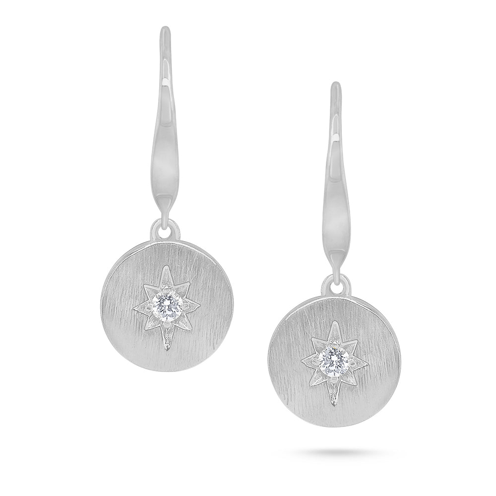 CLEARANCE - 14k White Gold Satin Finish Disc w/ Diamond Star Dangle Earrings (I6564)