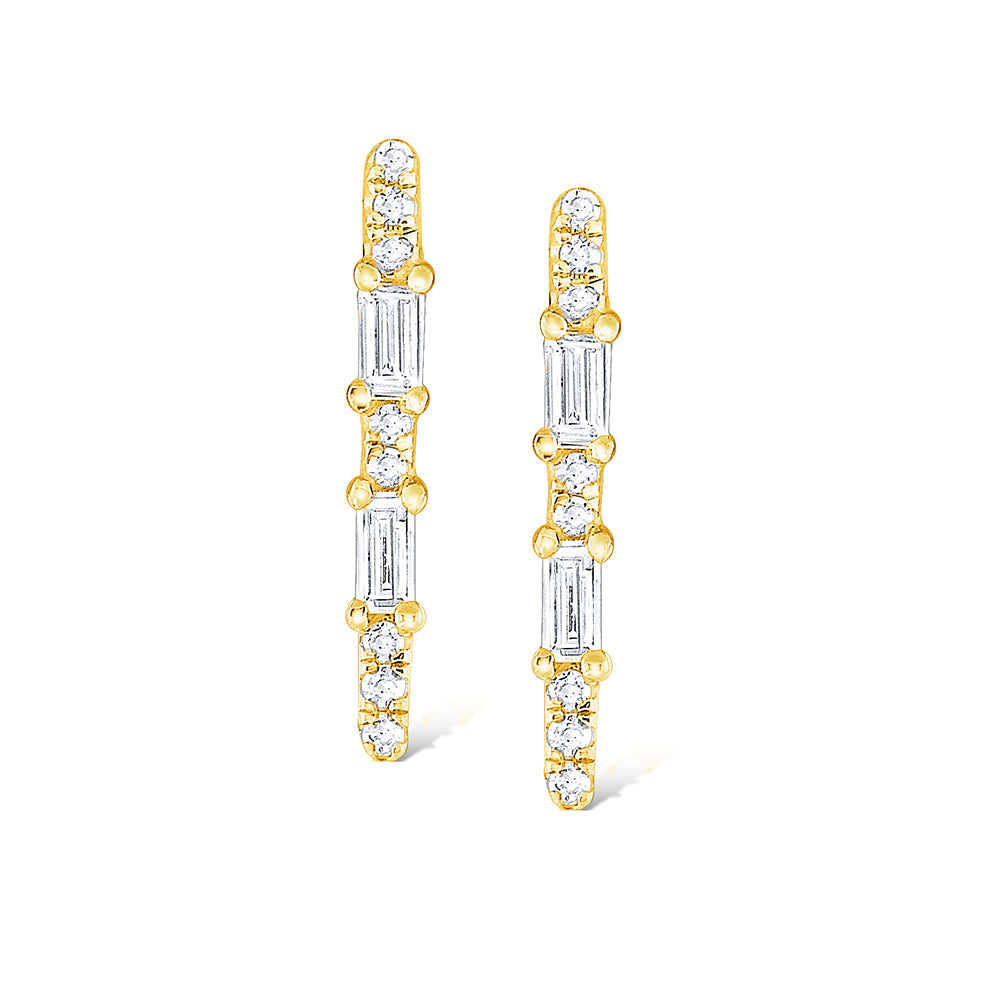 14k Yellow Gold Baguette & Round Diamond Stick Earrings (I6552)