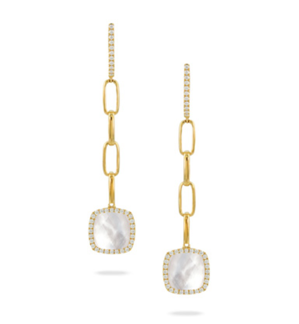 18k Yellow Gold 'White Orchid' Mother of Pearl & Diamond Chain Drop Earrings (I8997)