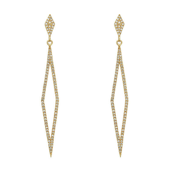 14k Yellow Gold Elongated Diamond Shaped Pave Diamond Dangle Earrings (I8428)