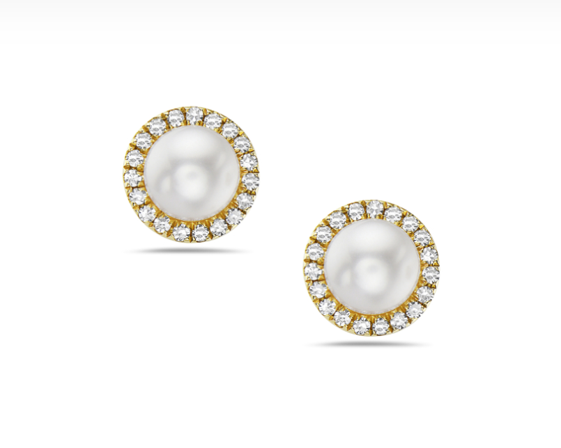 14k Yellow Gold Pearl & Diamond Halo Stud Earrings (I8543)