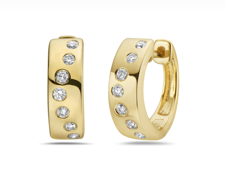 14k Gold Flush Set Diamond Chunky Huggie Hoop Earrings
