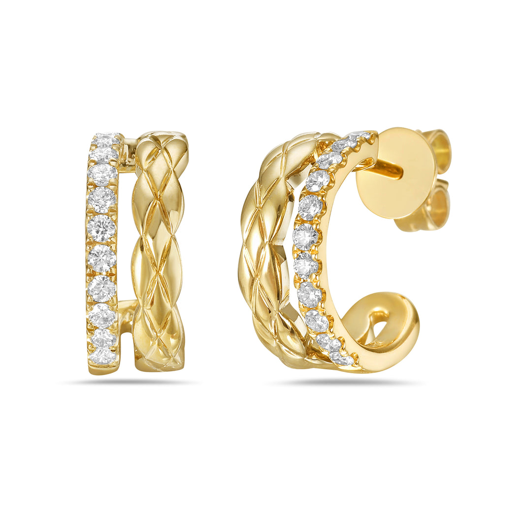 14k Yellow Gold Braided & Pave Diamond Double Row Hoop Earrings (I8429)