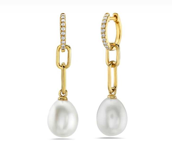 14k Yellow Gold Versatile Chain Pearl Dangle Diamond Hoop Earrings (I9593)