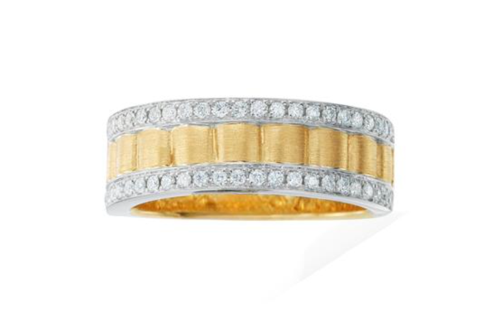 14k Yellow Gold Brushed Grooved Center w/ White Gold Pave Diamond Rows Wide Ring (I8391)