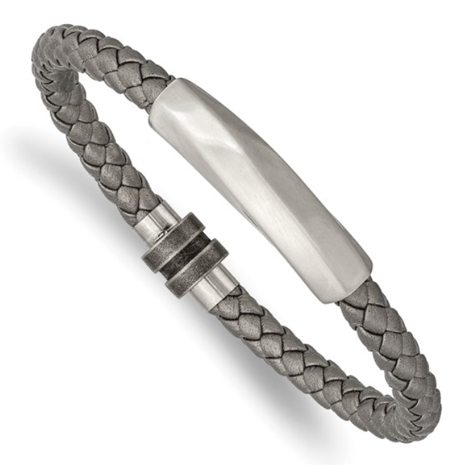 Gentlemen's Stainless Steel Antiqued and Brushed Grey Leather Bracelet (SI3603)