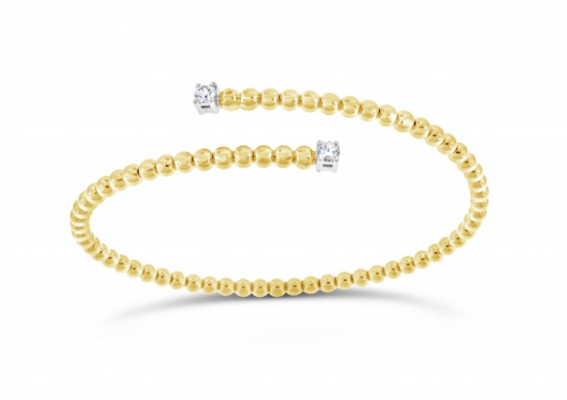 18k Yellow Gold Beaded Diamond Cap Wraparound Flex Cuff Bracelet (I3908)
