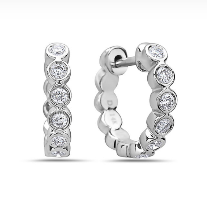 14k White Gold Bezel Set Diamond Hoop Earrings (I4019)
