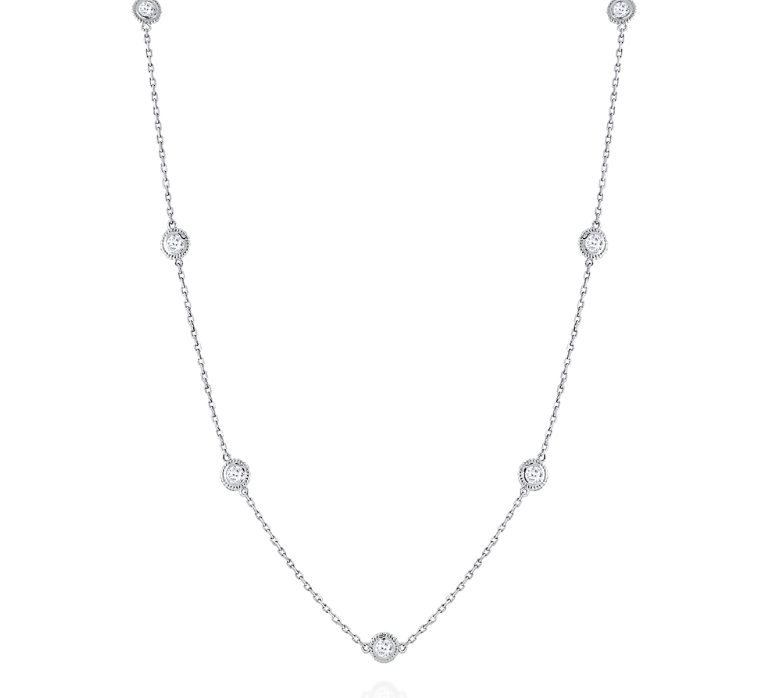 14k White Gold Diamond Textured Bezel Station Necklace (I5484)
