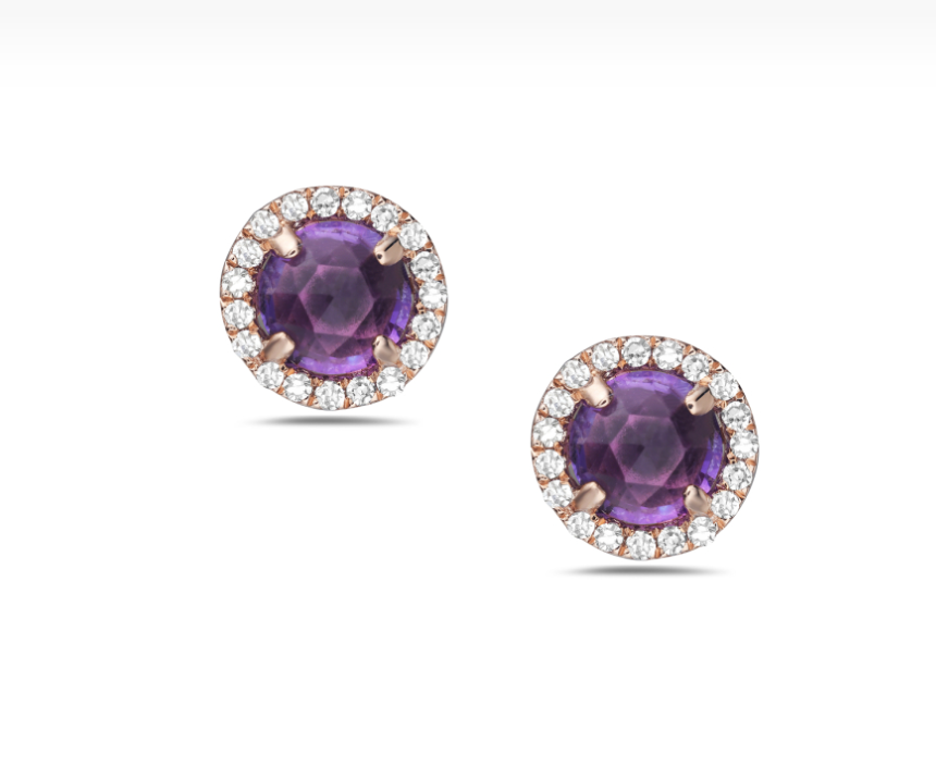 14k Rose Gold Amethyst & Diamond Halo Petite Stud Earrings (I6494)