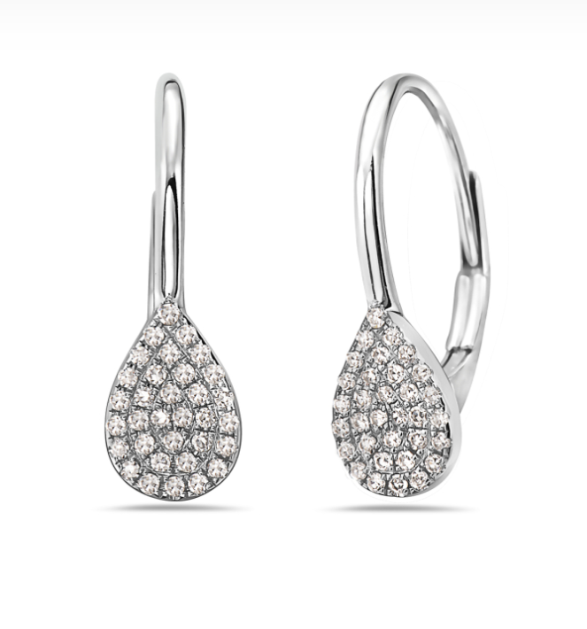 14k White Gold Pave Diamond Pear Shape Leverback Earrings (I6495)
