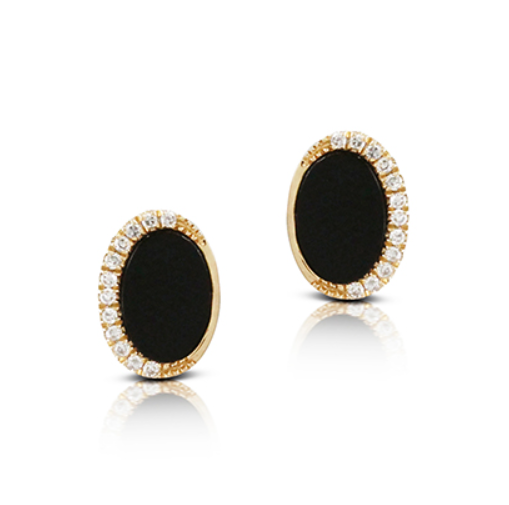 14k Yellow Gold Black Onyx & Diamond Oval Stud Earrings (I6631)