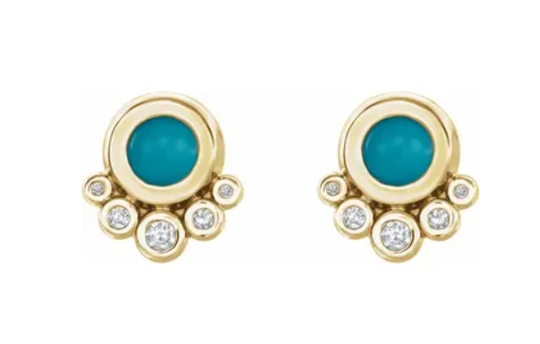 14k Yellow Gold Turquoise & Diamond Bubble Stud Earrings (I6986)