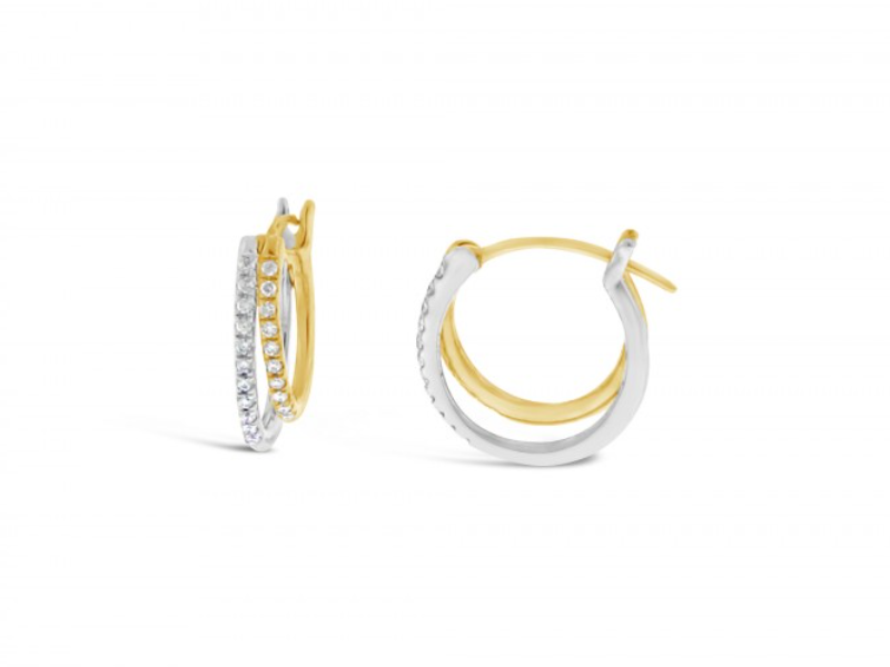 14k Two Tone Gold Diamond Double Hoop Huggie Earrings (I7111)
