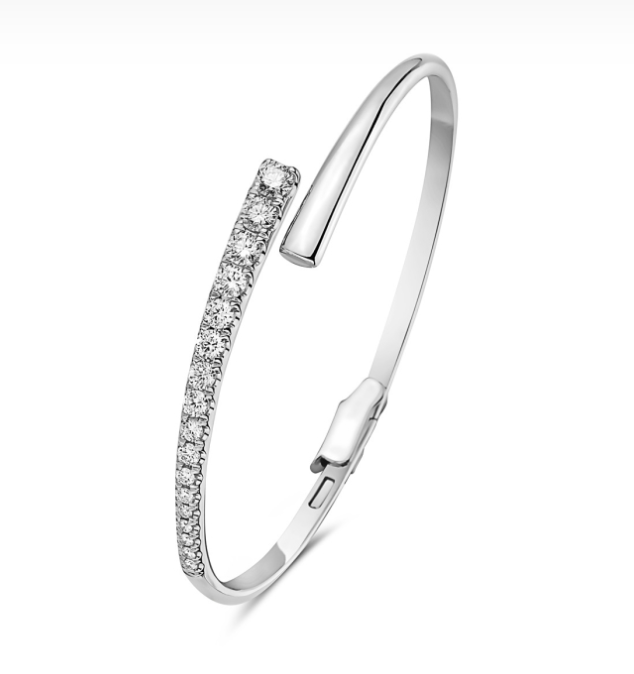 14k White Gold Graduating Diamond Asymmetrical Bypass Bangle Bracelet (I7407)