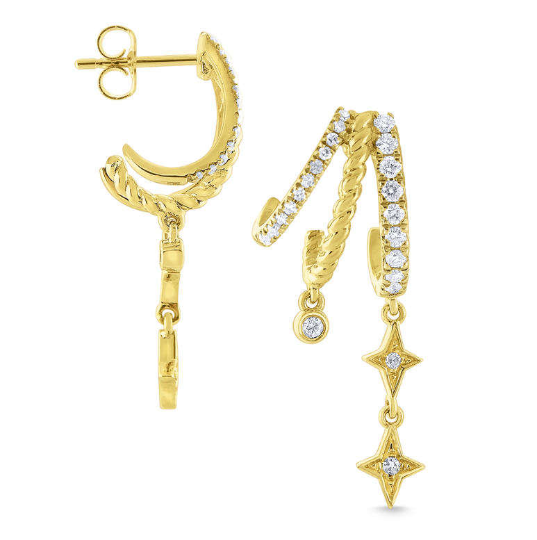 14k Yellow Gold Diamond Celestial Triple Hoop Dangle Earrings (I7908)