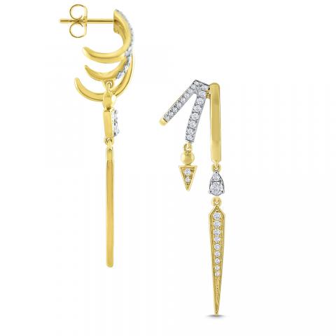 14k Yellow Gold Diamond Triple Hoop Long Dangle Earrings (I7910)