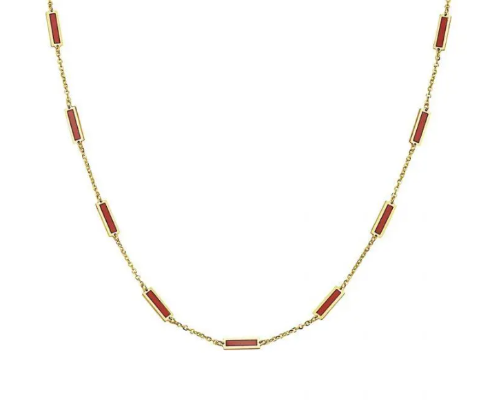 14k Yellow Gold Rectangle Coral Station Necklace (I8081)