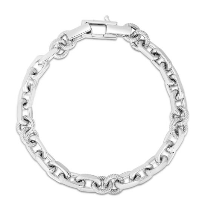 Sterling Silver High Polish & Textured Link Marco Cable Bracelet (I8195)