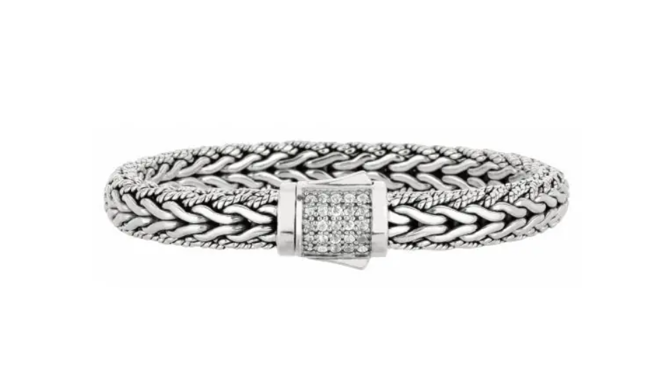 Sterling Silver Woven White Sapphire Clasp Bracelet (I8200)